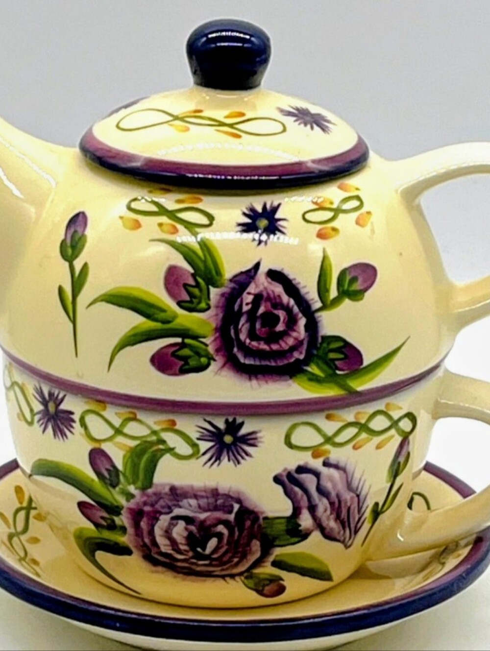 Barnes & Noble Yes For One Cream Teacup Set with Purple Floral Motif